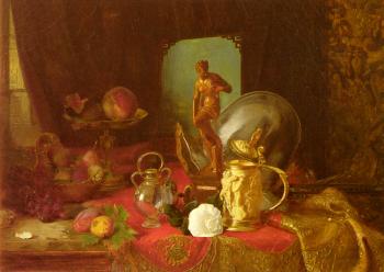 Blaise Alexandre Desgoffe : Still Life with Fruit, Objets d'Art and a White Rose on a Ta